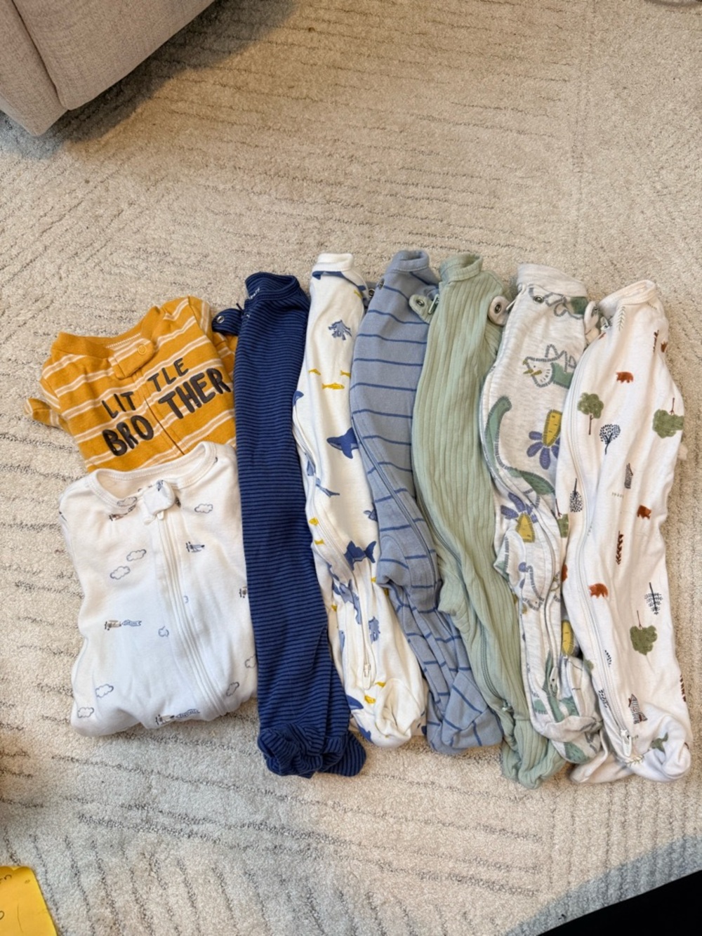 Assorted Baby Sleepers - Stripes, Dino & 'Little Brother' Prints
